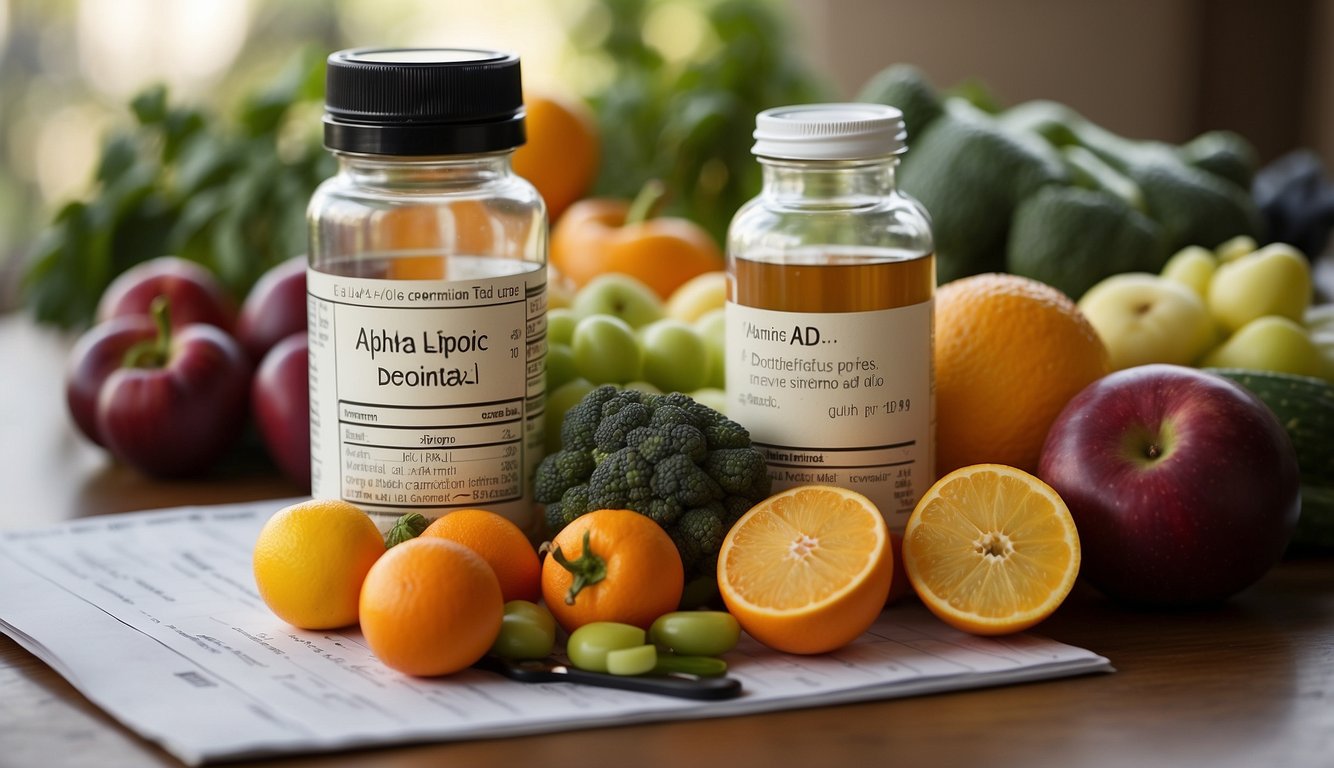 A bottle of Alpha Lipoic Acid supplement surrounded by fresh fruits and vegetables, a measuring tape, and a scale. A doctor's prescription pad with "Weight Management and Metabolic Syndrome Health Benefits" written on it