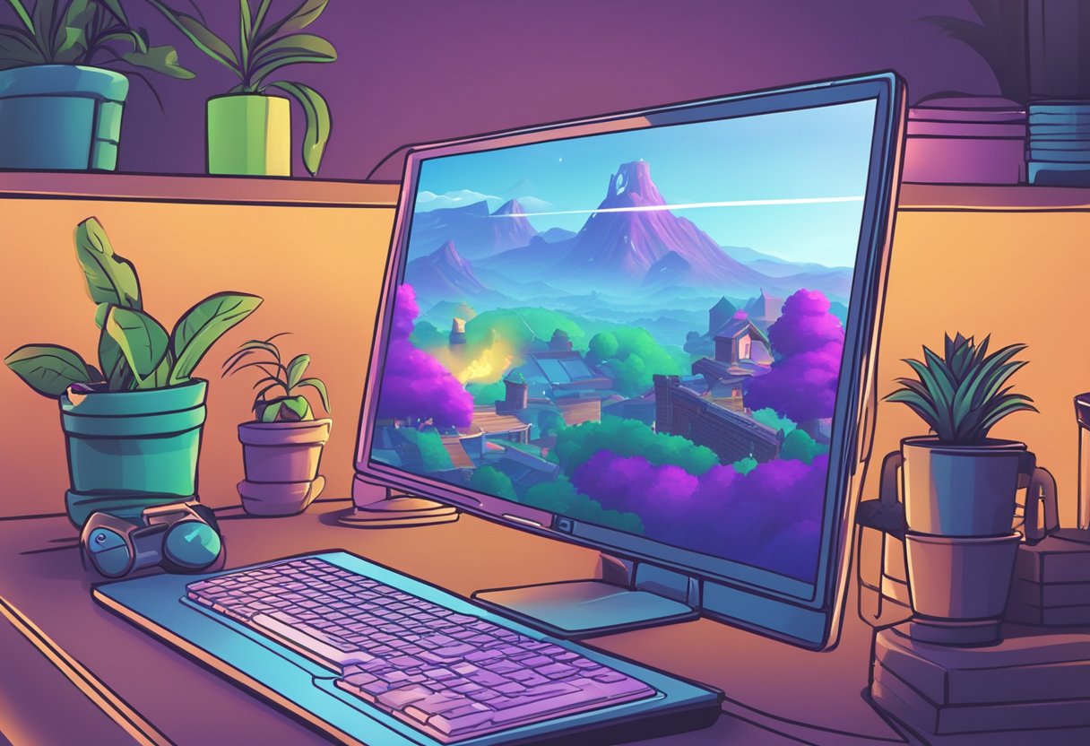 A computer screen showing a loading error message for Fortnite. A person clicks on the game icon, checks internet connection, and restarts the computer