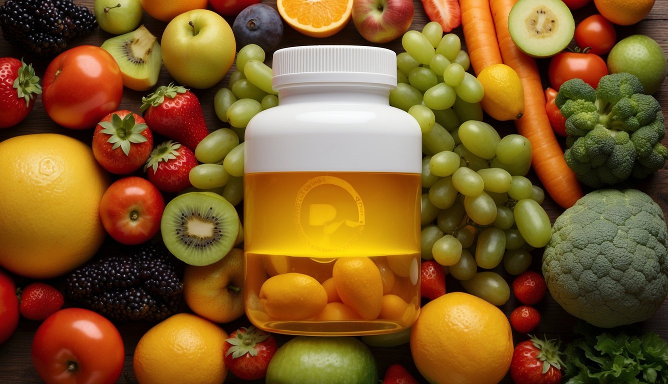 Alpha Lipoic Acid bottle surrounded by various fruits and vegetables, with a bright, healthy glow emanating from the center