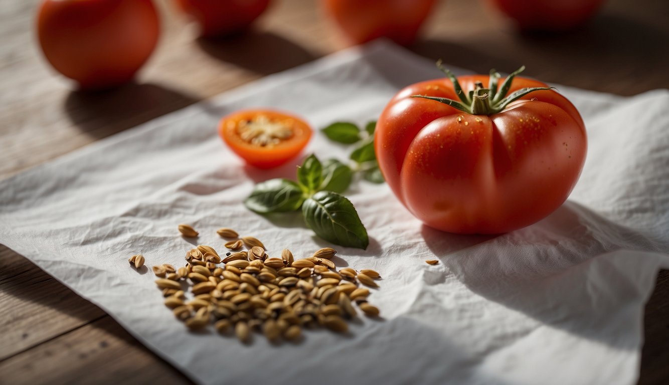 A ripe tomato is sliced open, and the seeds are carefully removed and placed on a paper towel to dry. The dried seeds are then stored in a labeled envelope for use in the following year