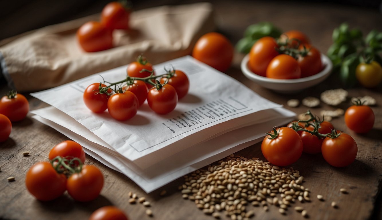 Tomato seeds stored in labeled envelopes, drying on a paper towel. A ripe tomato sits nearby with seeds ready to be harvested