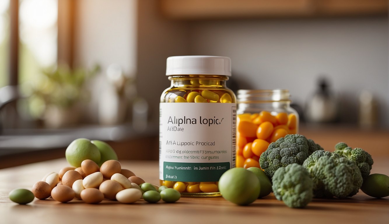 A bottle of alpha lipoic acid sits among various vitamins and supplements on a clean, organized countertop. The label prominently displays the dosage and health benefits
