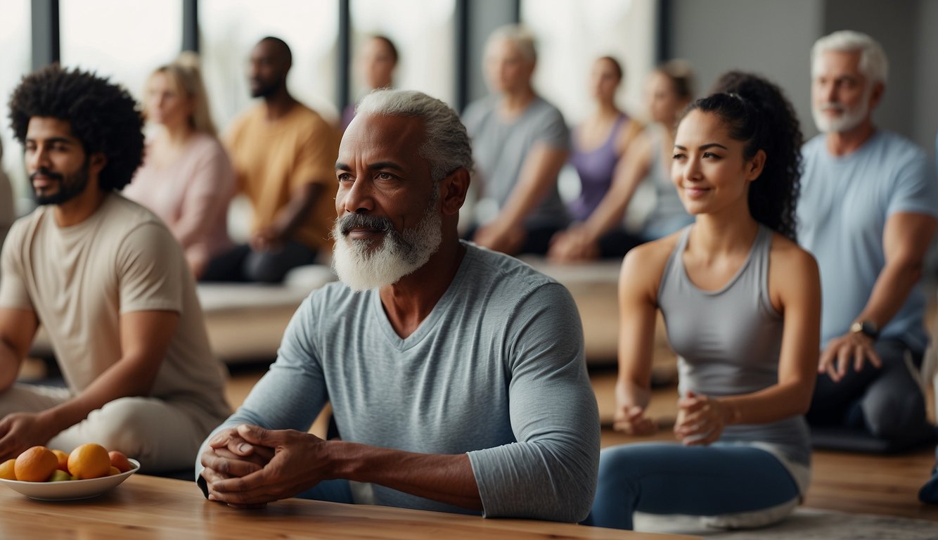 A diverse group of people of different ages and backgrounds engaging in various activities, such as exercising, cooking, and meditating, with a focus on healthy living and well-being