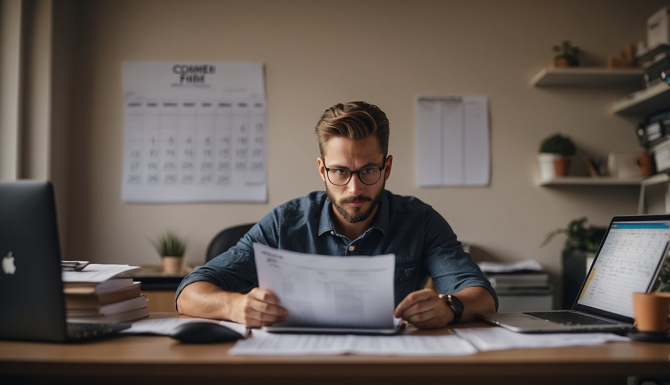 A person sitting at a desk with a laptop and paperwork, filling out a tax extension form. A calendar on the wall shows the approaching deadline