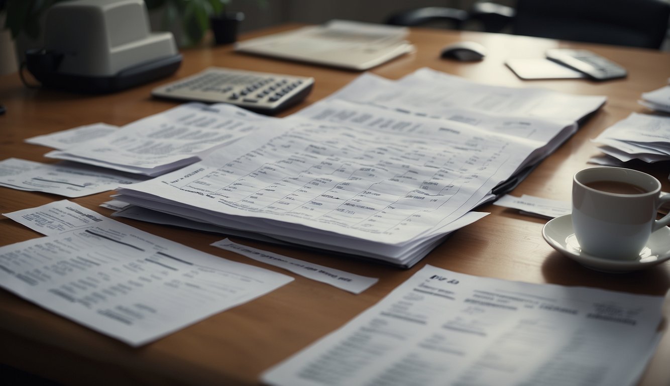 An overflowing desk with scattered papers and a calendar showing the deadline date. A stressed individual frantically searches for tax forms online