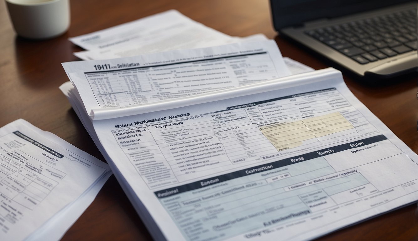 A person sitting at a desk with tax forms spread out, a calendar showing the approaching deadline, and a computer open to the tax extension application website