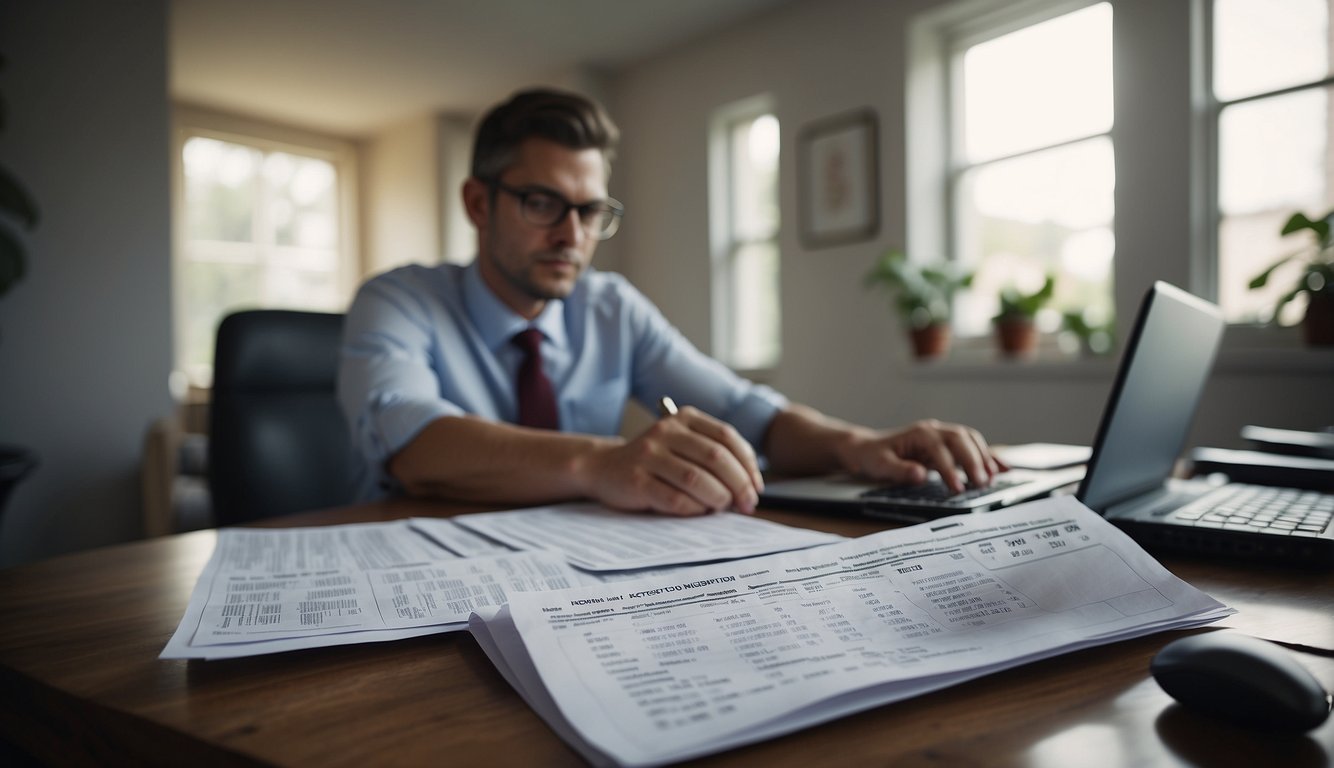 A person sitting at a desk with a laptop and tax forms, surrounded by a calendar, pen, and calculator. The person is filling out a tax extension form with a focused expression