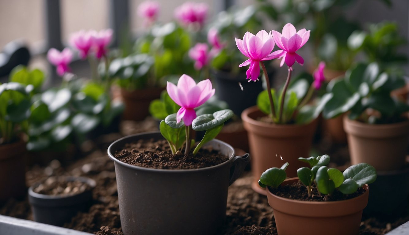 Cyclamen plant sits in a well-draining pot. Watering can pours water directly onto the soil, avoiding leaves. Excess water drains from the bottom