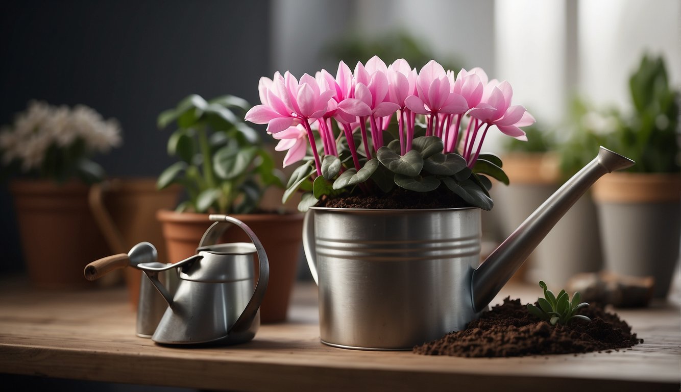Cyclamen plant on table, soil, watering can, pot, trowel, and plant label