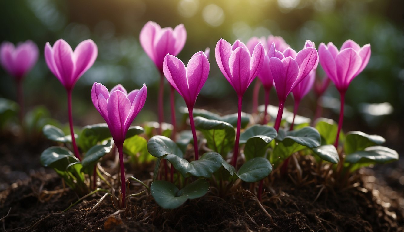 Cyclamen plants bask in bright, indirect light and thrive in cooler temperatures. Water them thoroughly but allow the soil to dry slightly between waterings