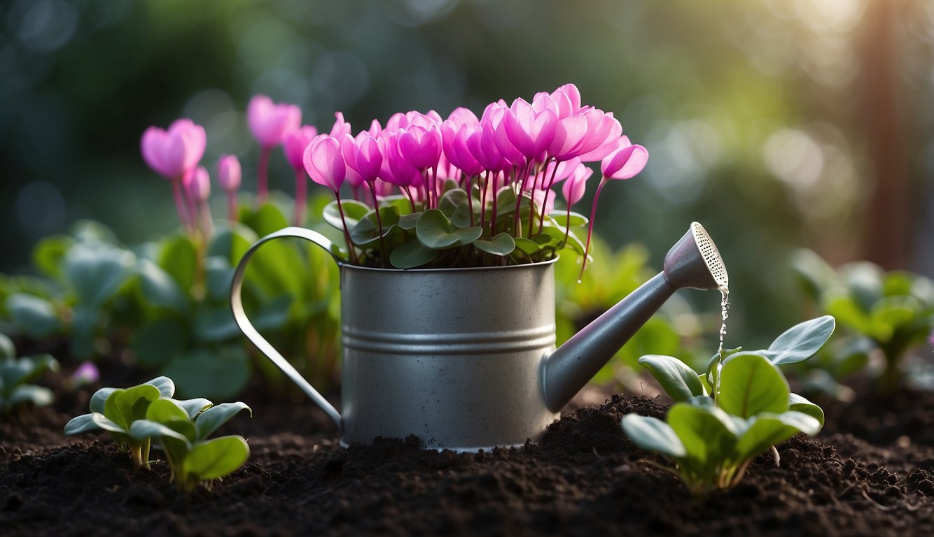 A watering can pours water onto cyclamen plants in well-draining soil. Leaves and flowers are vibrant and healthy