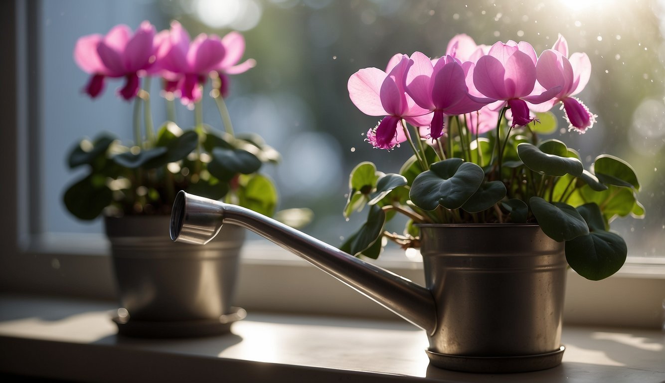 A watering can pours water onto cyclamen plants in pots on a sunny windowsill. A misting bottle sits nearby