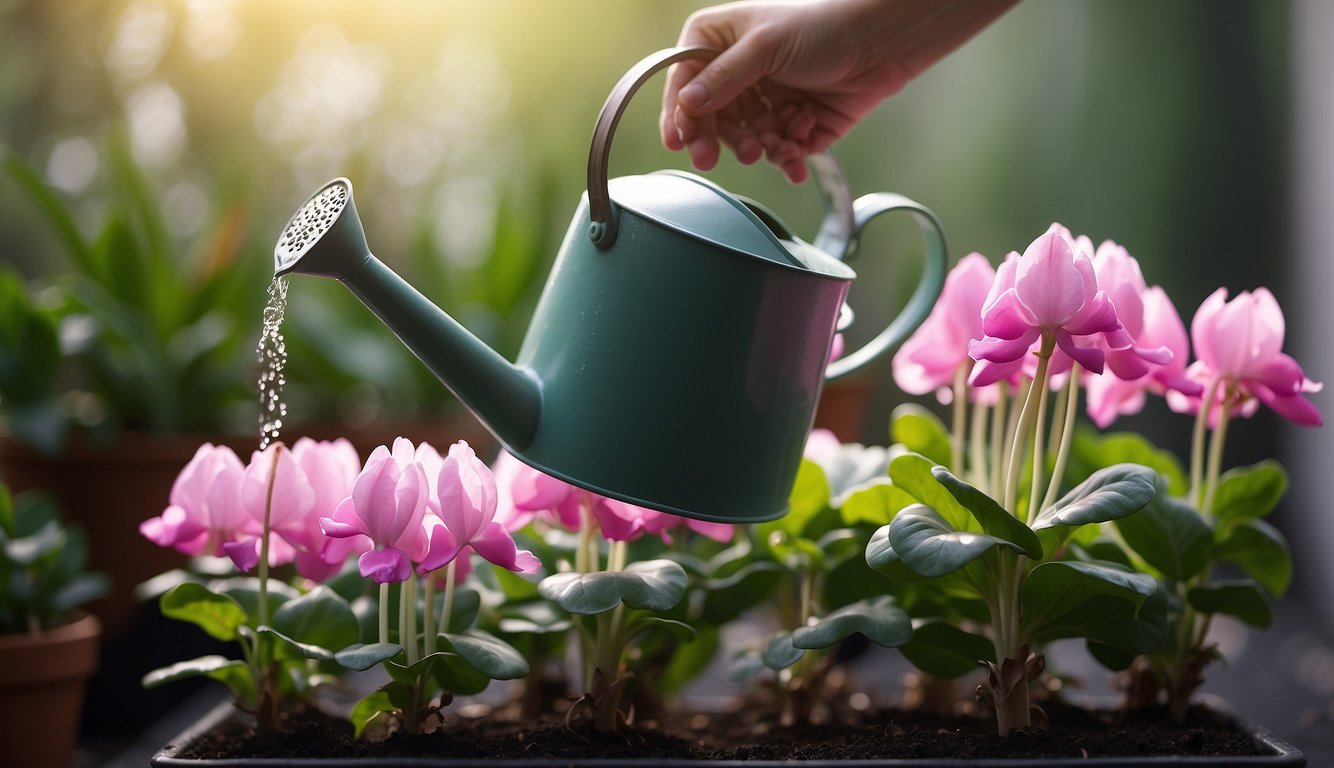 A watering can gently pours water onto a potted cyclamen plant, ensuring the soil is moist but not waterlogged. A drainage tray catches any excess water to prevent root rot