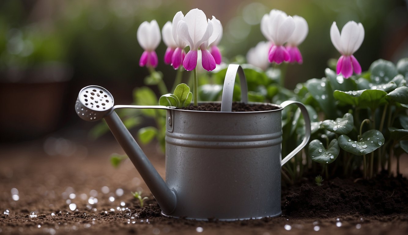 A watering can hovers over a potted cyclamen plant. Water droplets gently fall onto the soil, while the plant's delicate flowers and leaves glisten in the light