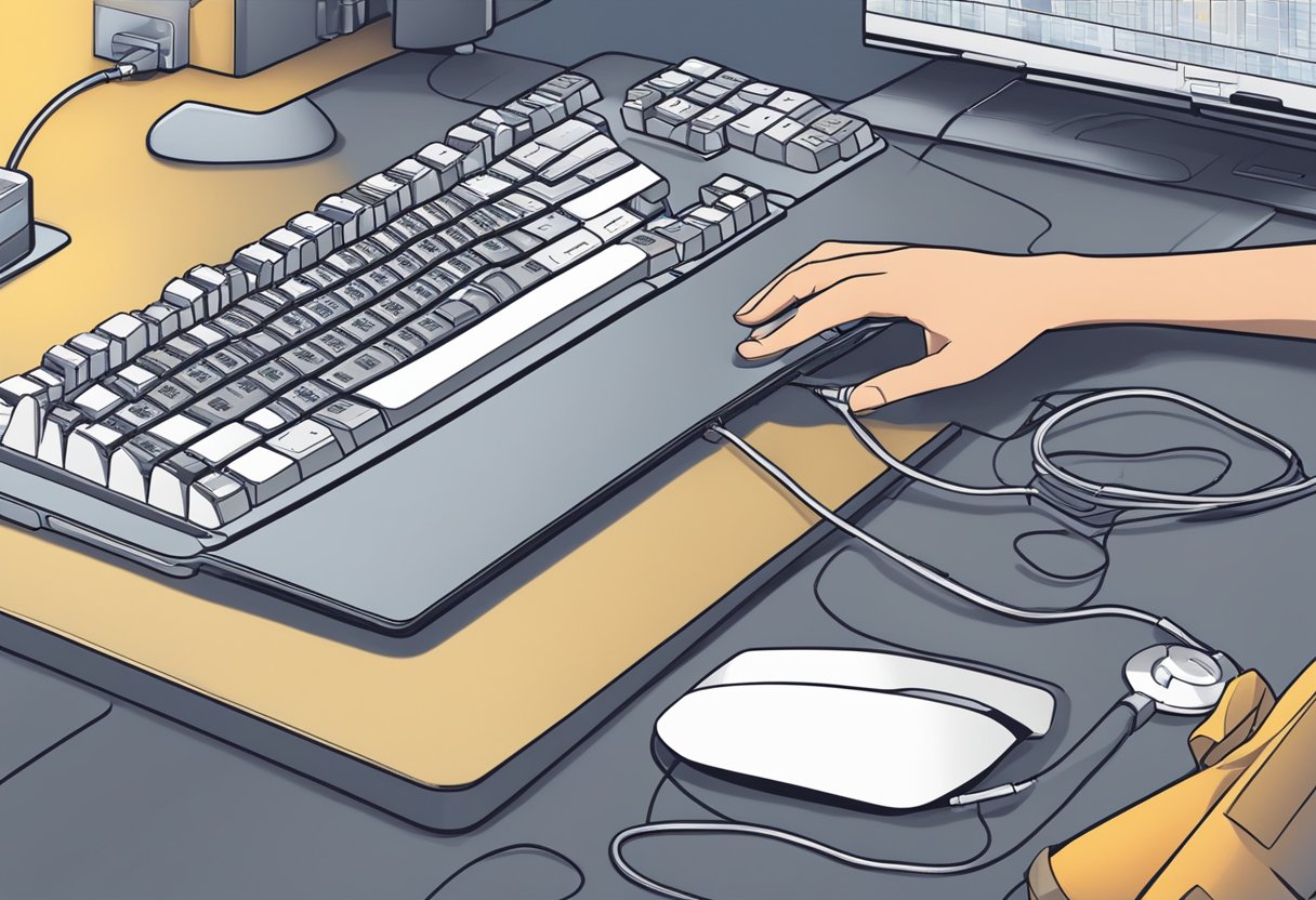 A technician inspects keyboard hardware and connections to troubleshoot non-functioning keys on a Windows 11 system