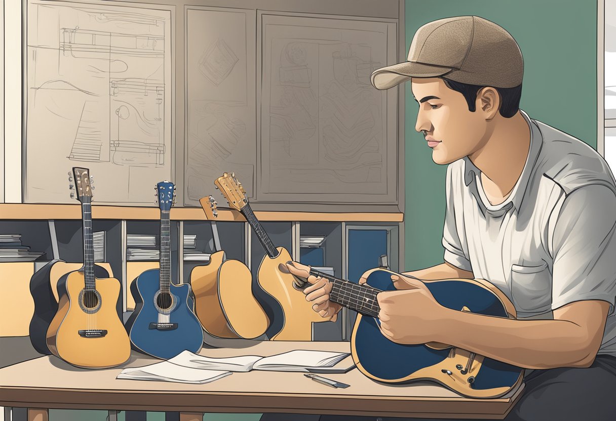 A hand selects a guitar from a display. An adult learns guitar in a classroom setting