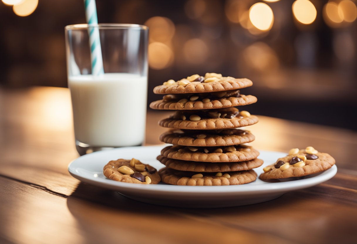 A plate of chocolate peanut butter Ritz cracker cookies on a wooden table with a glass of milk next to it