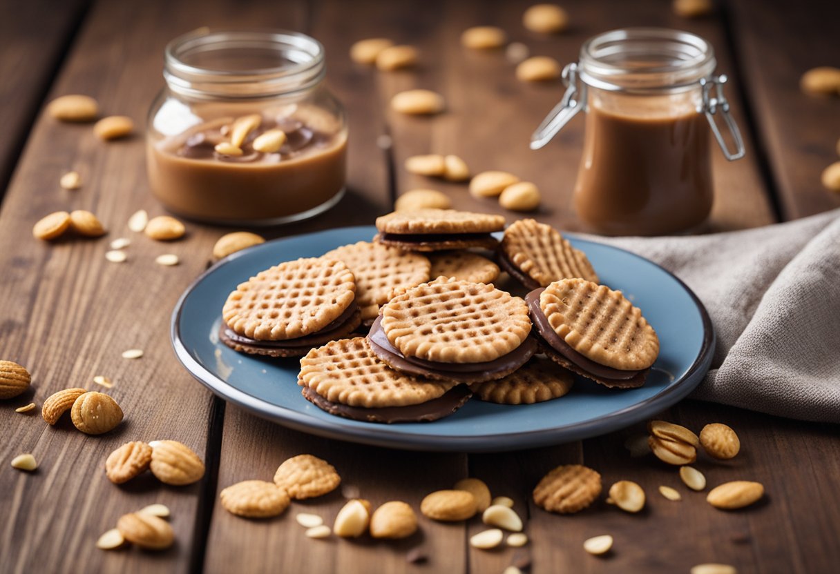 A plate of Chocolate Peanut Butter Ritz Cracker Cookies sits on a wooden table, surrounded by scattered crumbs and a jar of peanut butter