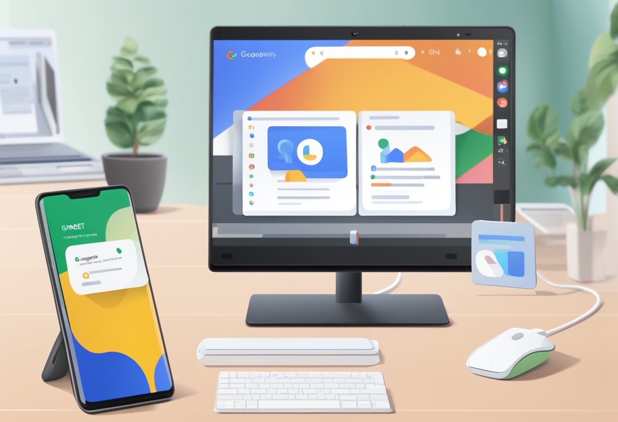 A smartphone with a Google Meet app open, next to a computer with system compatibility settings displayed