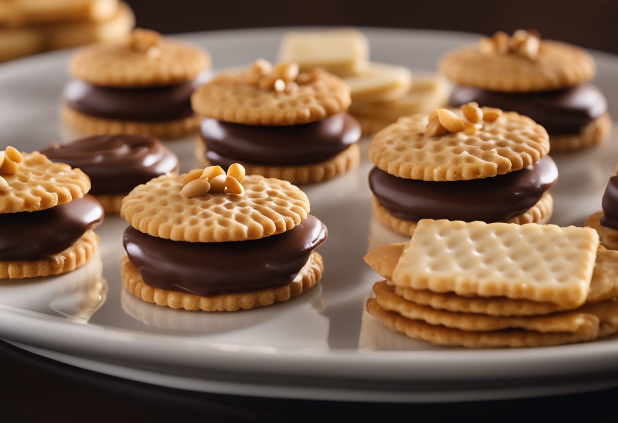 A plate of Ritz cracker sandwiches filled with chocolate and peanut butter, arranged neatly on a serving platter