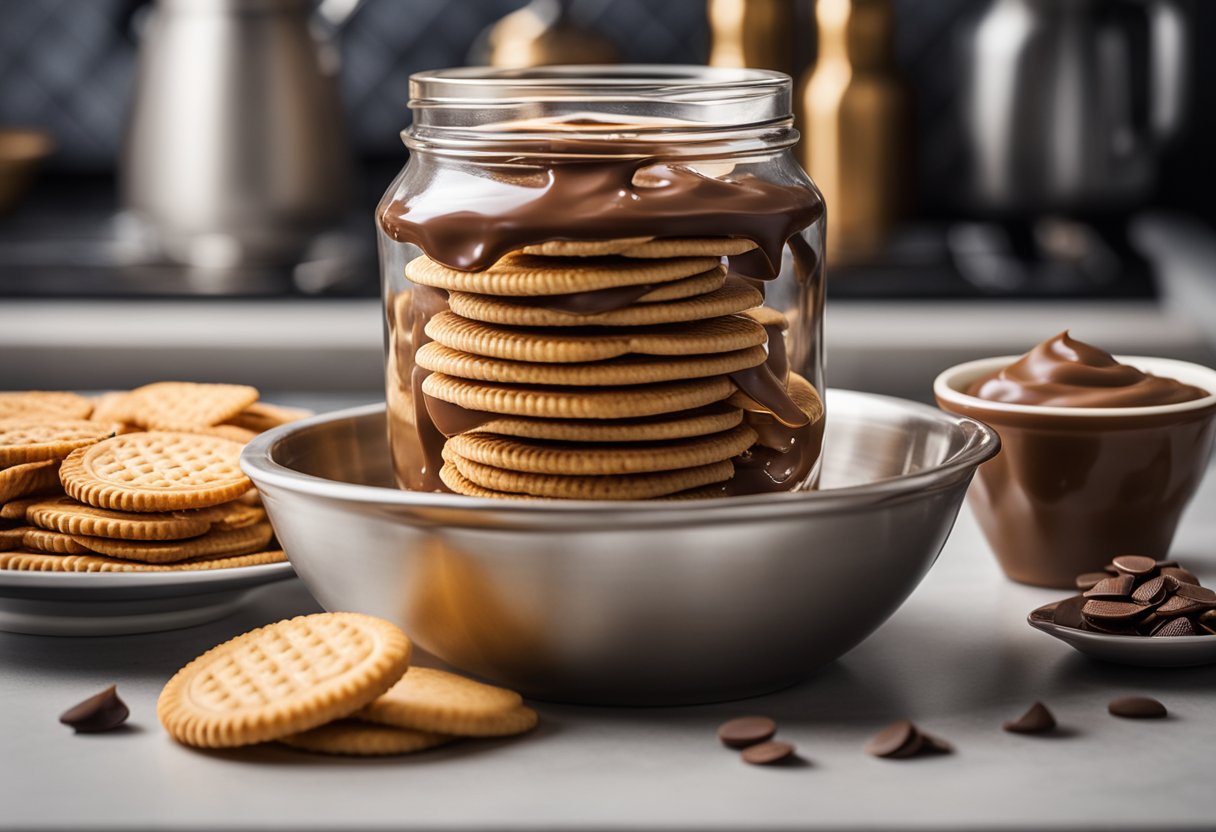 A bowl of melted chocolate, a jar of peanut butter, and a stack of Ritz crackers arranged on a clean, well-lit kitchen counter