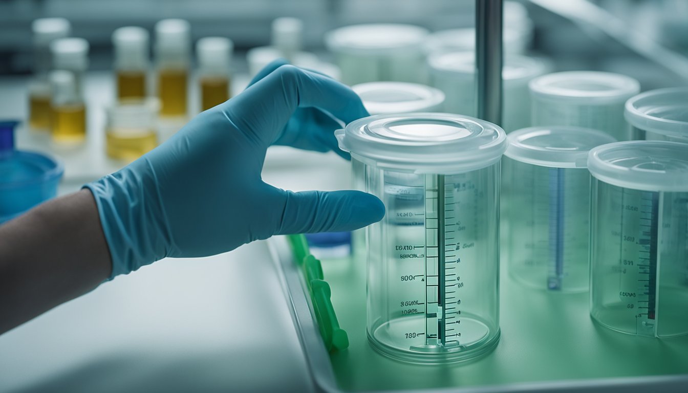 A stool sample is being collected in a clean, sterile container for the antigen test. The lab technician labels and prepares the sample for analysis