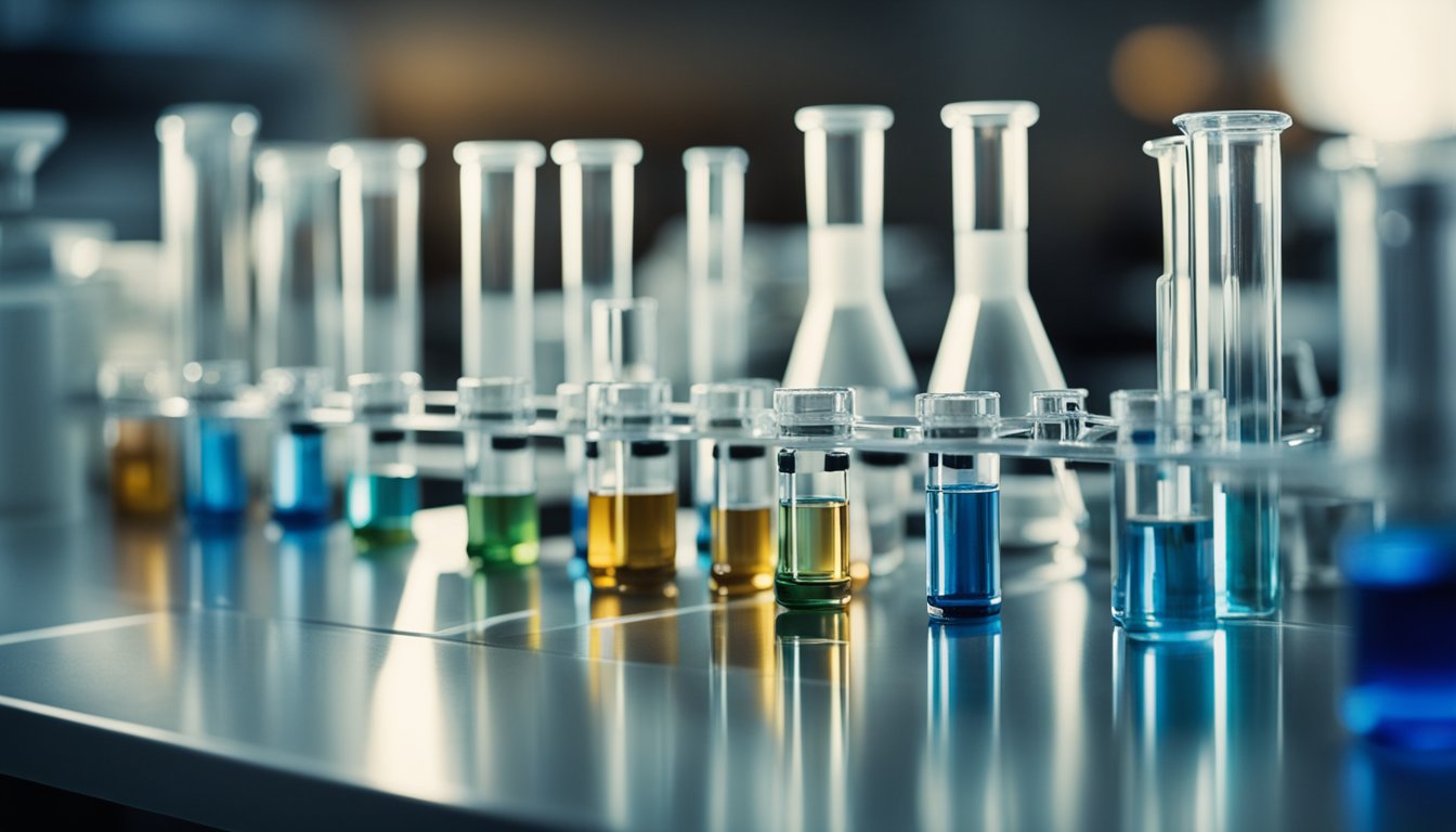 A vial of stool sample is being tested in a lab setting, with various equipment and test tubes in the background