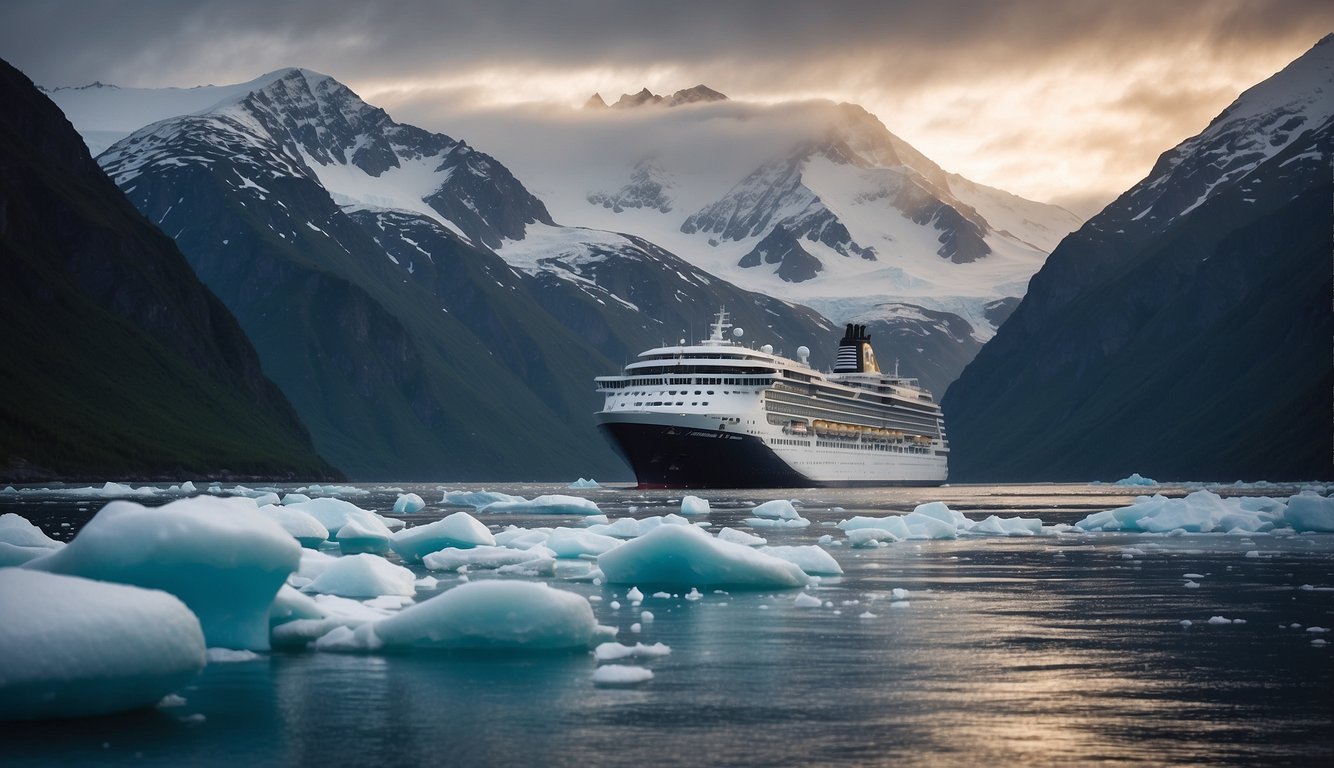 A cruise ship sailing through icy Alaskan waters under the soft glow of the midnight sun, surrounded by snow-capped mountains and serene glaciers