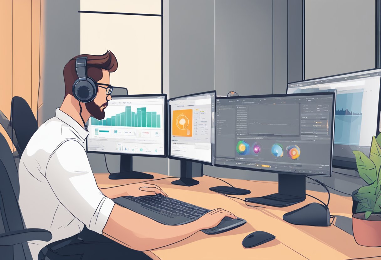 A person troubleshoots audio and video issues on a computer during a GoToMeeting session. They check settings and restart the program