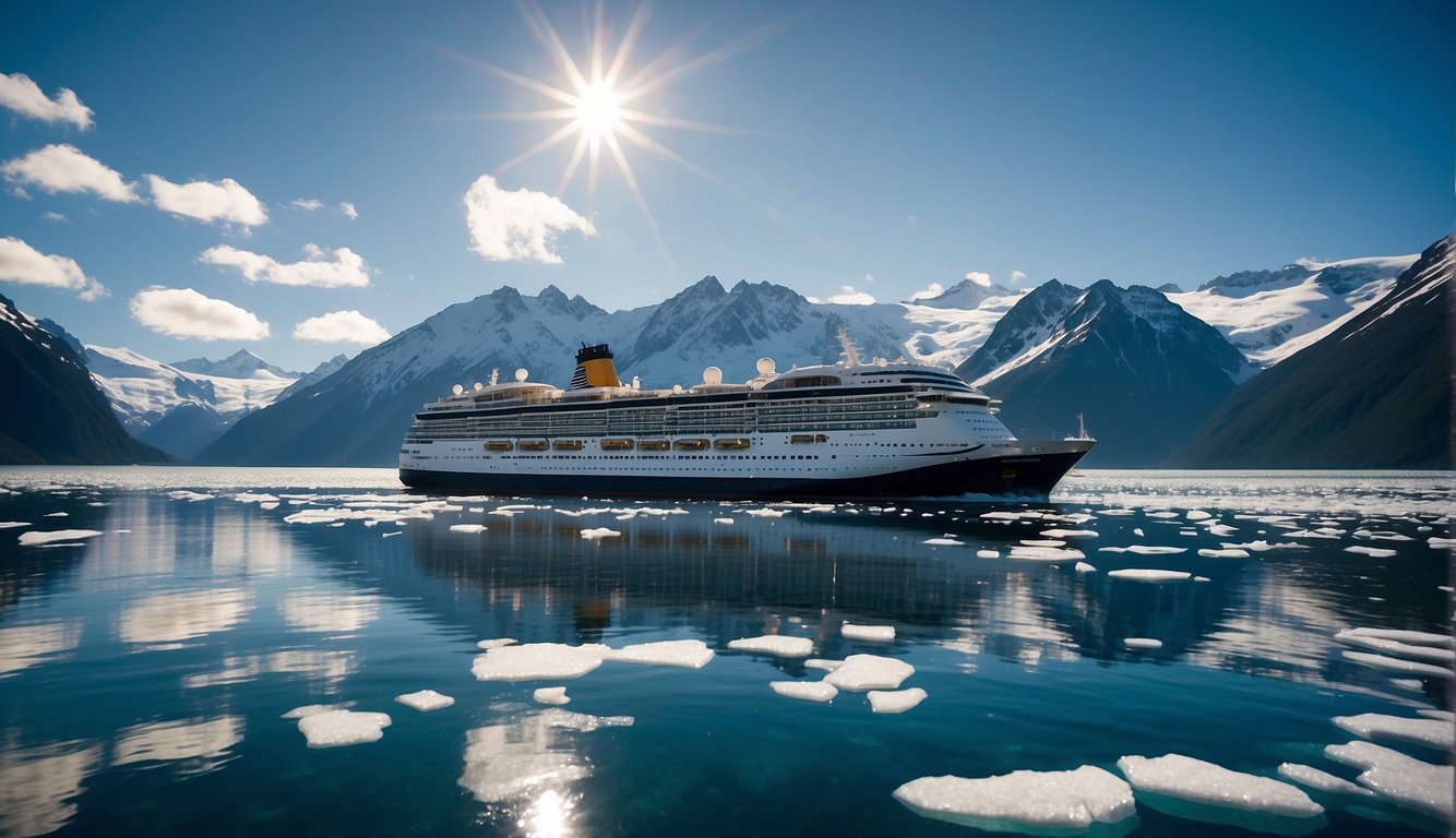 A cruise ship sails through Alaskan waters, surrounded by snow-capped mountains and glaciers. The sky is clear, and the sun shines brightly, creating a picturesque scene