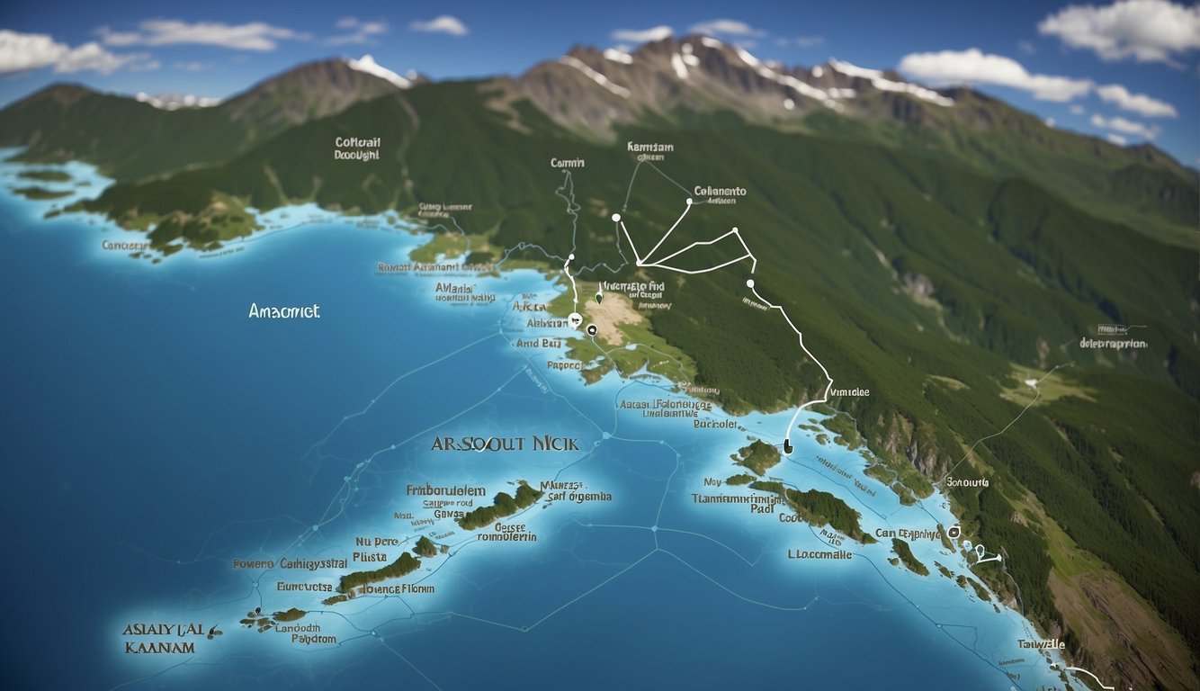 A map of Alaska with a cruise ship route highlighted, surrounded by images of glaciers, wildlife, and scenic landscapes