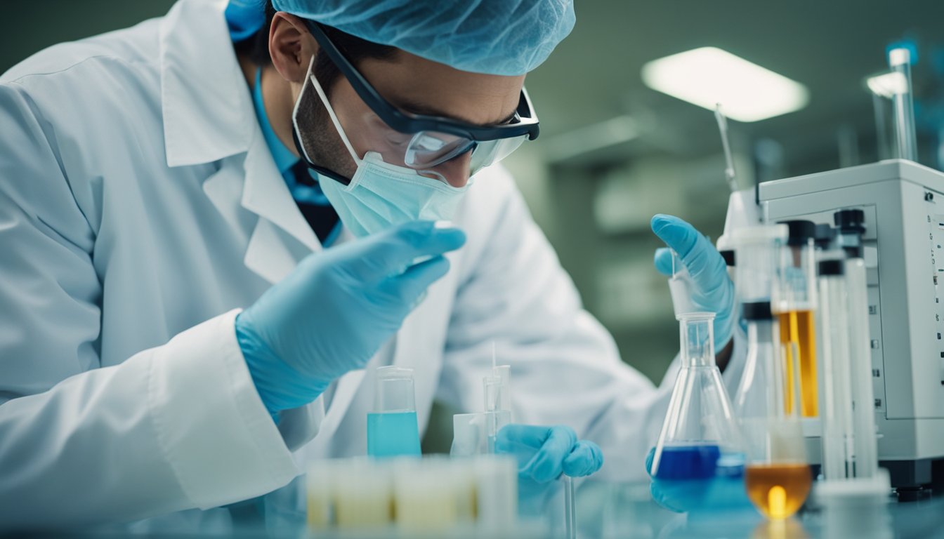A scientist places a stool sample into a test kit, followed by adding reagents and observing color changes for antigen presence