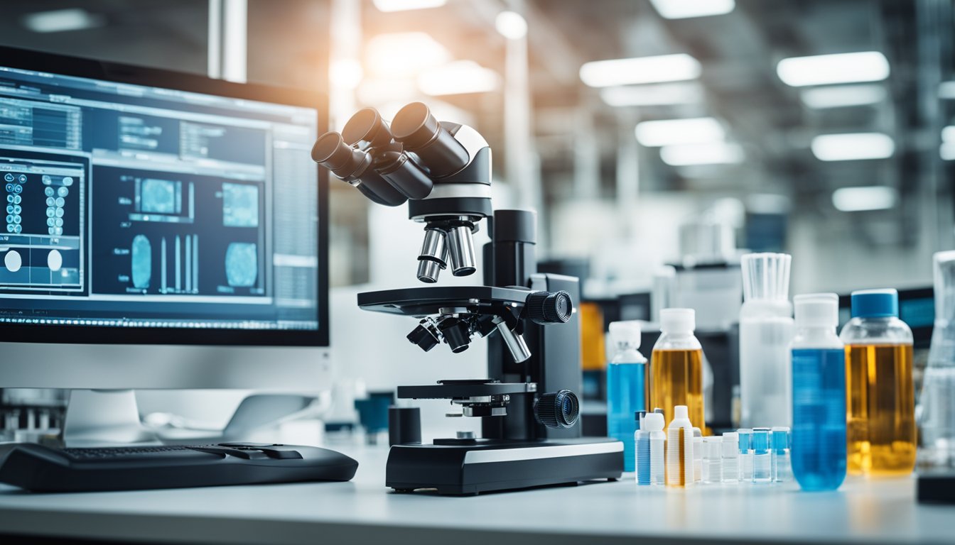 A laboratory setting with a stool antigen test kit, a microscope, and a computer for result interpretation