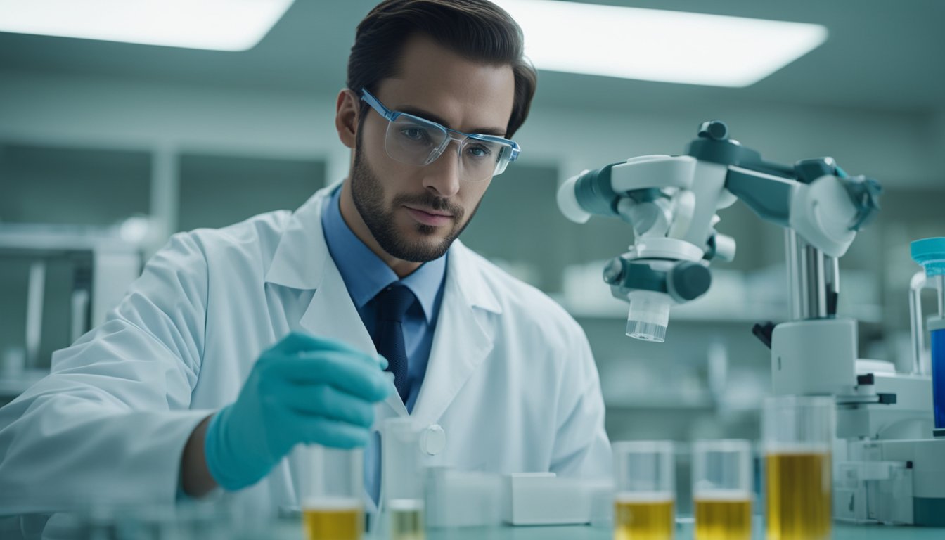 A lab technician performs the stool antigen test, using specialized equipment and following strict protocols in a clean and organized laboratory setting