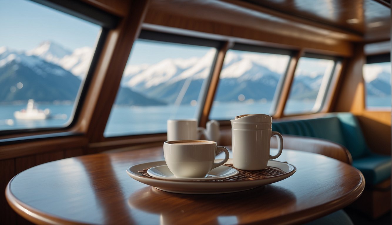 A cozy cruise ship cabin with a view of snow-capped mountains and a serene ocean, with a warm cup of coffee on the table