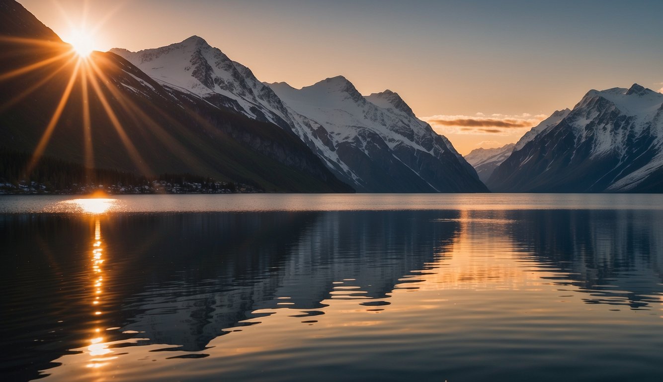 The sun sets over the snow-capped mountains, casting a warm glow on the calm waters of the Alaskan fjord. The sky is clear, with a gentle breeze blowing through the air
