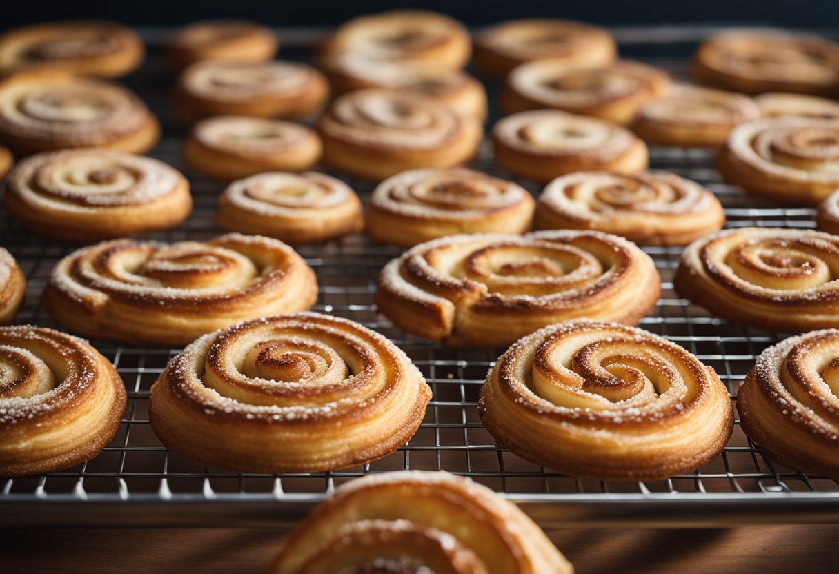 A tray of golden-brown palmiers, sprinkled with cinnamon sugar, sits cooling on a wire rack. The delicate layers of pastry glisten in the soft light, promising a sweet and crunchy treat