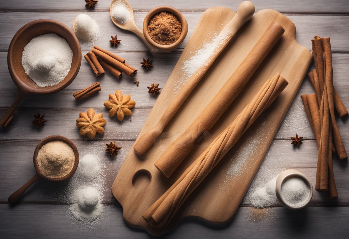 A table with scattered cinnamon, sugar, and pastry dough. Rolling pin and baking sheet nearby