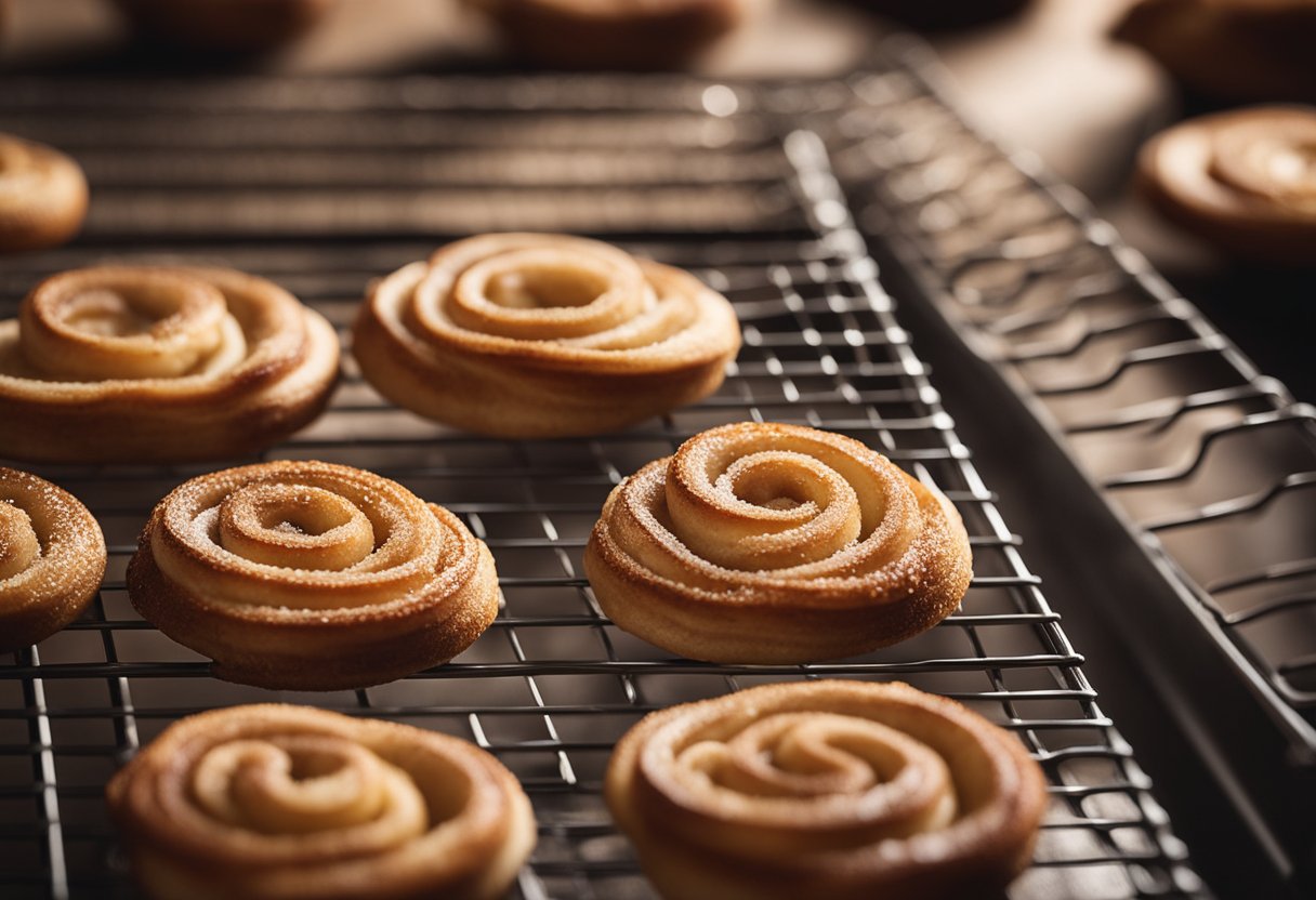 A baking sheet with golden-brown, flaky palmiers sprinkled with cinnamon sugar, cooling on a wire rack