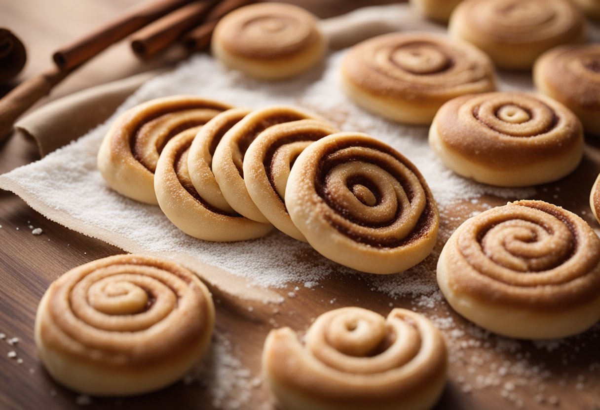 A rolling pin flattens dough sprinkled with cinnamon and sugar. The dough is then folded and sliced into palmiers ready for baking