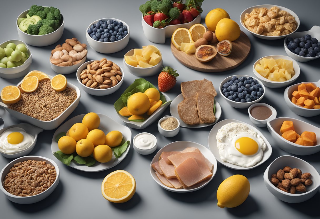 An Olympic swimmer's daily meals: high-protein breakfast, lean meats, complex carbs, and plenty of fruits and vegetables. Snacks include nuts and yogurt