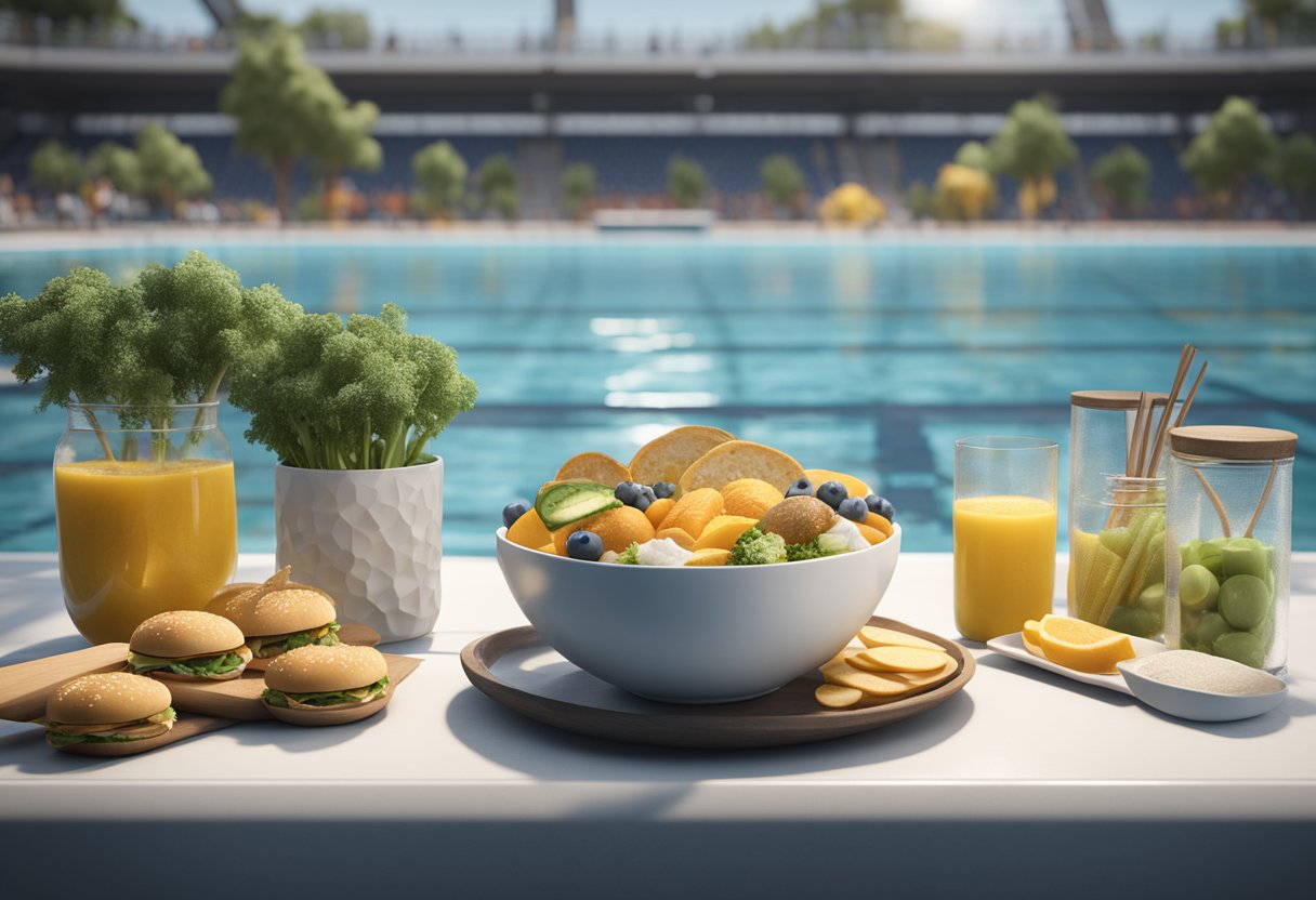 An Olympic swimmer's daily intake: high-calorie meals and snacks. Energy expenditure: intense training and competition