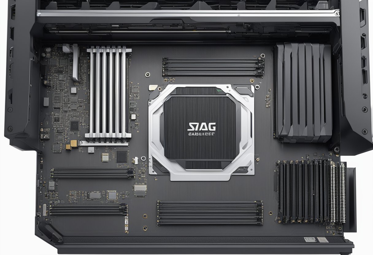 A GPU is being supported by a sag fix bracket to prevent GPU sag