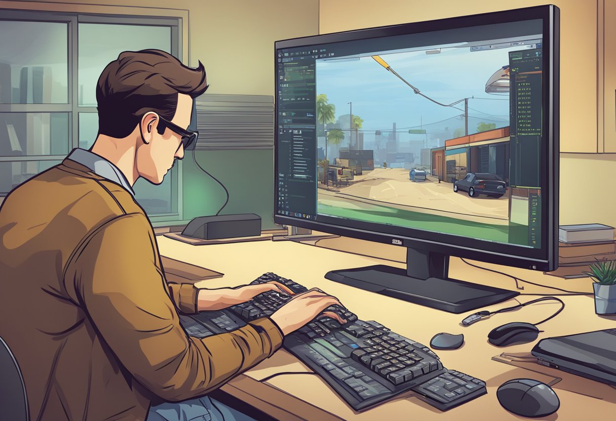 A computer screen with a "GTA 5 won't launch" error message displayed, a person troubleshooting with a keyboard and mouse