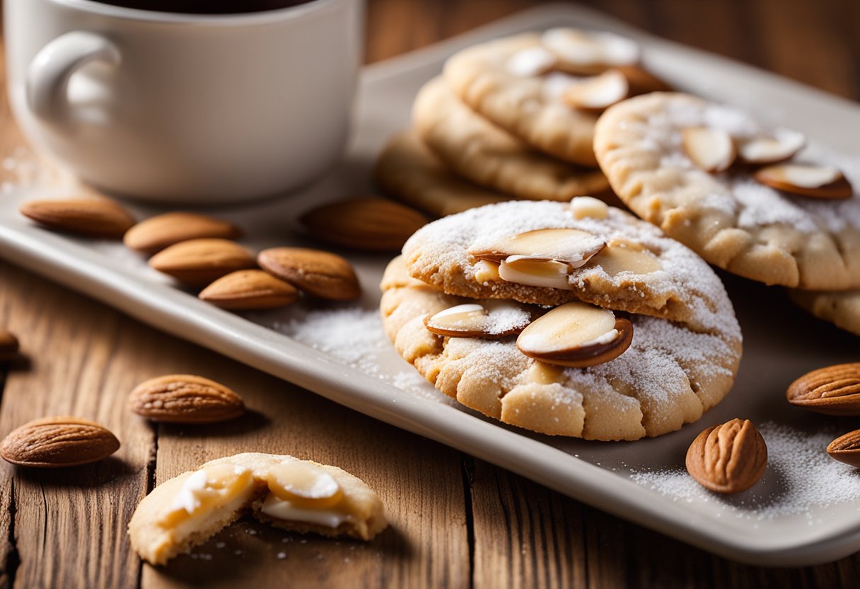 A plate of almond meltaway cookies sits on a rustic wooden table, surrounded by scattered almond slices and a few whole almonds. The cookies are golden brown and have a delicate dusting of powdered sugar on top