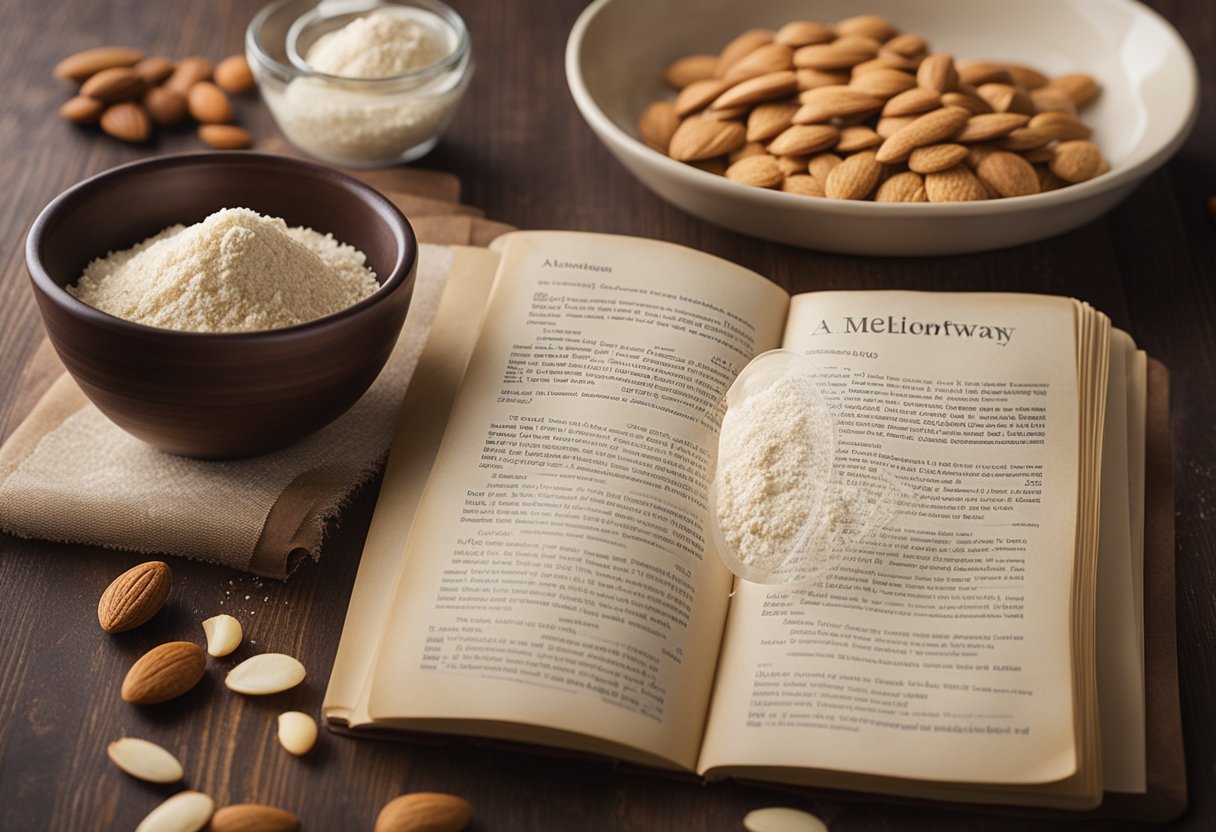 A vintage kitchen counter with a rolling pin and a bowl of almond flour. A recipe book open to a page titled "History of Almond Meltaway Cookies."