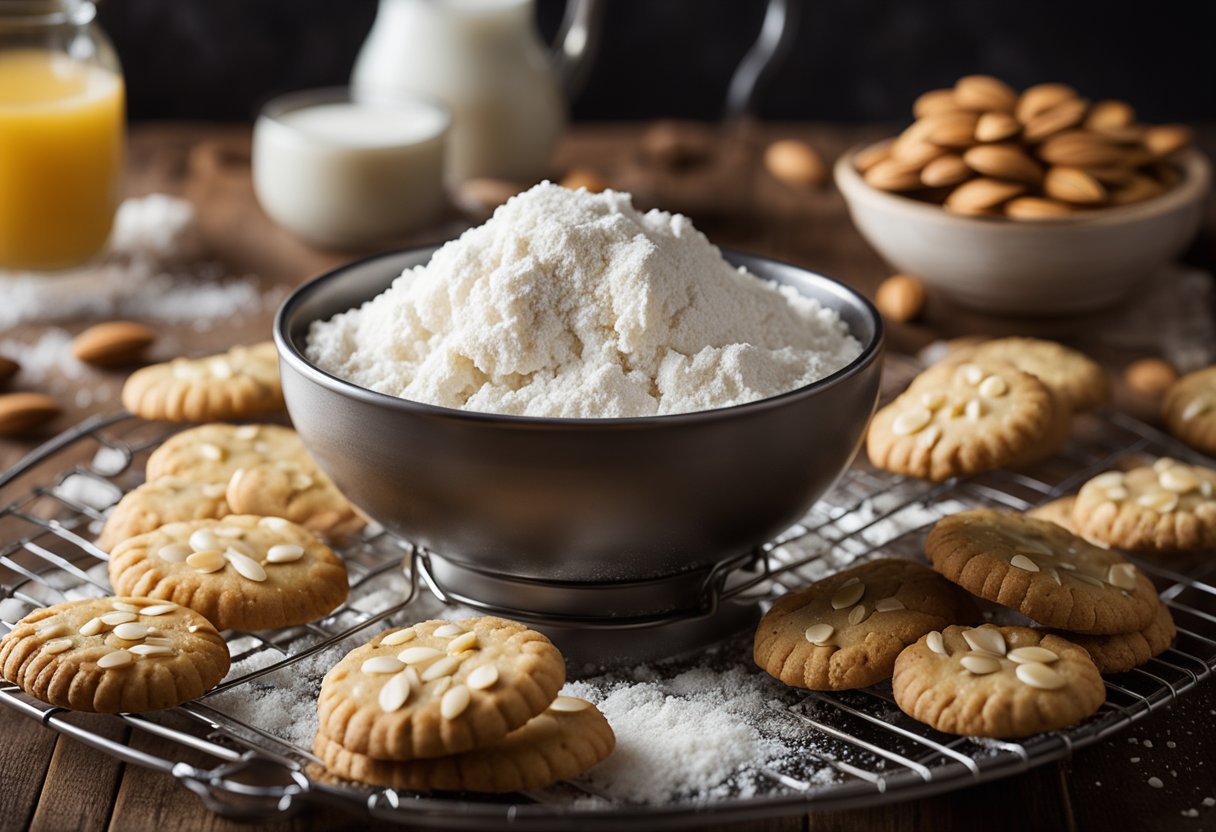 A mixing bowl filled with flour, sugar, and almond extract. A stick of butter being grated into the bowl. A tray of golden-brown almond meltaway cookies cooling on a wire rack