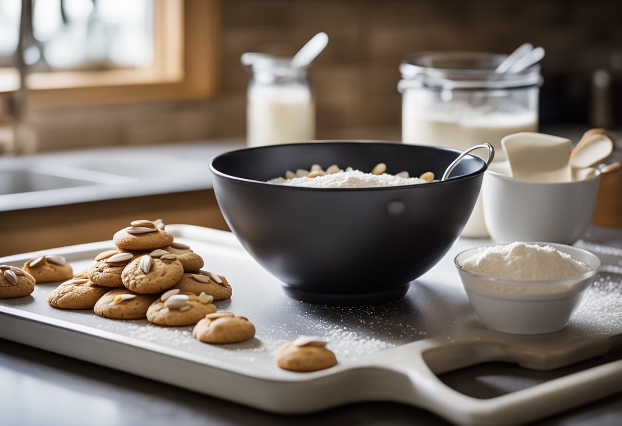 A mixing bowl with flour, sugar, and almonds. A whisk and measuring cups on a kitchen counter. A tray of freshly baked almond meltaway cookies cooling on a wire rack