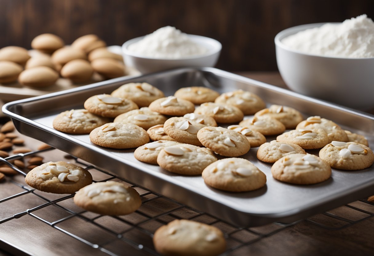 A mixing bowl with flour, sugar, and almond extract. A hand mixer blending the ingredients. A tray of freshly baked almond meltaway cookies cooling on a wire rack