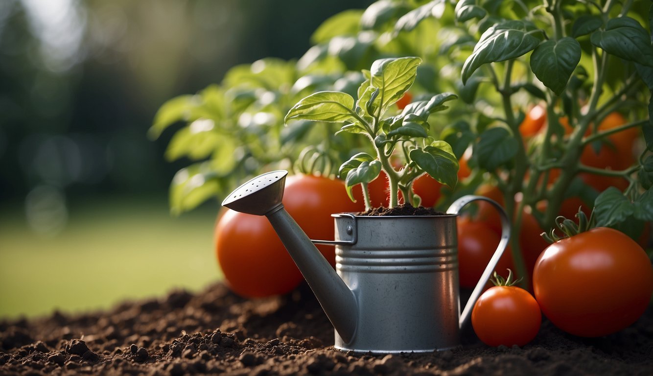 Tomato plants being fertilized with a liquid fertilizer, using a watering can, in a garden setting